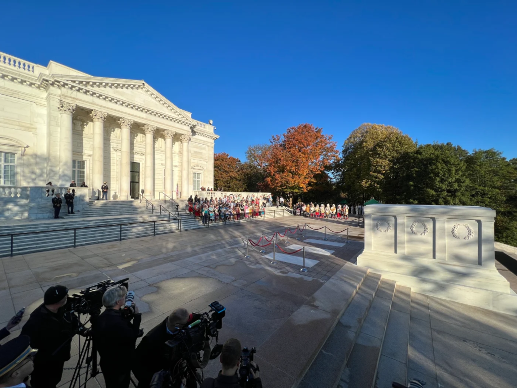 Chief Plenty Coups Honor Guard, all descendants of Chief Plenty Coups, waiting for smudging and the public flower ceremonies to begin at the Tomb of the Unknown Soldier Centennial Commemoration in Arlington, Virginia, on November 9, 2021. (Photo by Jourdan Bennett-Begaye, Indian Country Today)