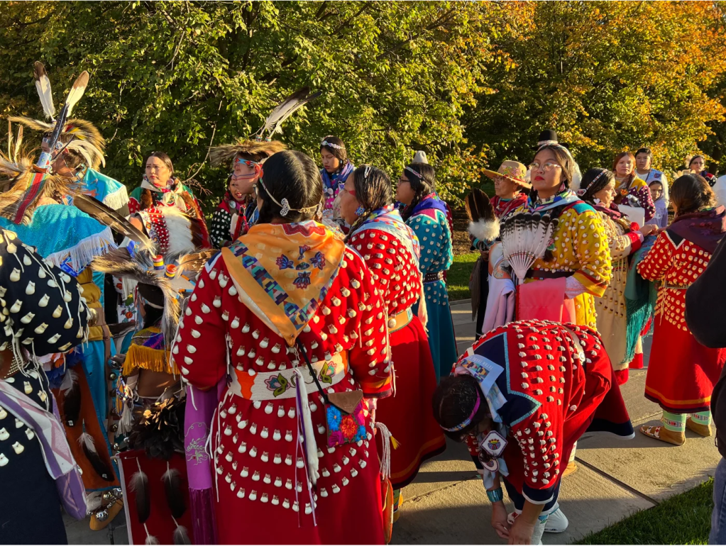 Chief Plenty Coups Honor Guard, all descendants of Chief Plenty Coups, waiting for smudging and the public flower ceremonies to begin at the Tomb of the Unknown Soldier Centennial Commemoration in Arlington, Virginia, on November 9, 2021. (Photo by Jourdan Bennett-Begaye, Indian Country Today)