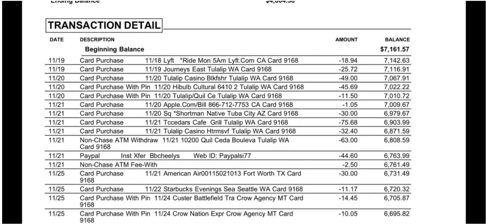 Sings In The Timber’s credit card statement from the time he stay at the Tulalip Resort Casino from November 19-21, 2019 shows eight transactions.